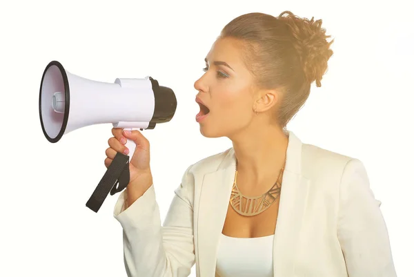 Biznes Kobieta Megafonem Krzyczy Krzyczy Odizolowany Białym — Zdjęcie stockowe
