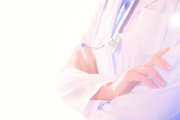 Portrait Young Woman Doctor White Coat Standing Hospital — Stock Photo, Image