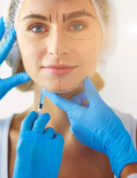 Beautiful Woman Face Doctor Syringe — Stock Photo, Image