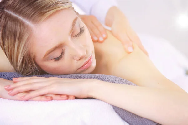 Young Woman Lying Massage Table Relaxing Eyes Closed Woman Spa — Stock Photo, Image