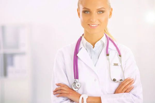 Portrait Young Woman Doctor White Coat Standing — Stock Photo, Image