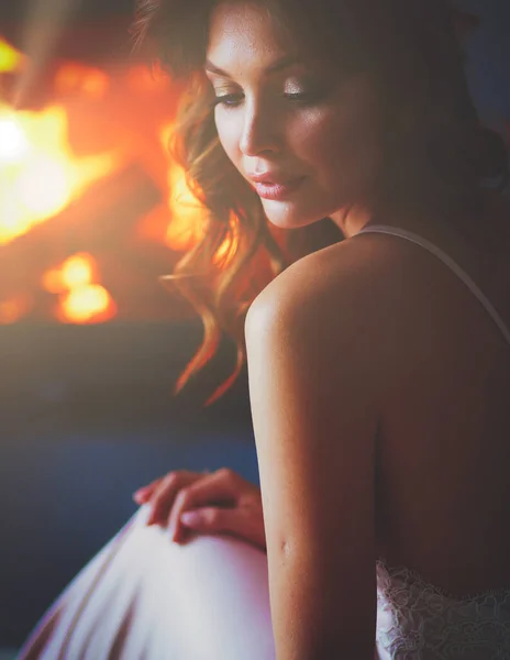 Sexy Woman Front Fireplace Wood Fireplace — Stock Photo, Image