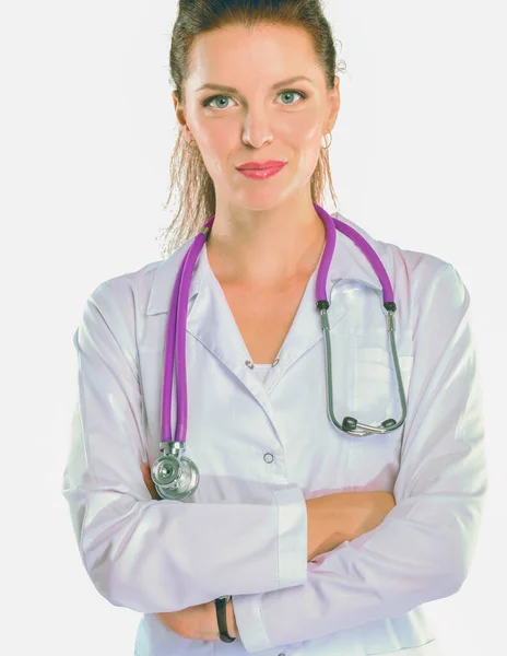 年轻女医生的画像 白色大衣站在医院 年轻女医生肖像 — 图库照片