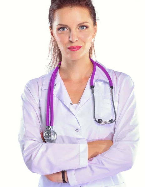 年轻女医生的画像 白色大衣站在医院 年轻女医生肖像 — 图库照片