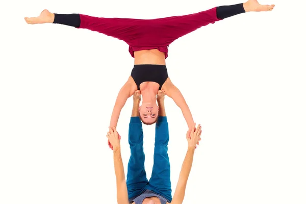 Young Athletic Couple Practicing Acroyoga Balancing Pair — Stock Photo, Image