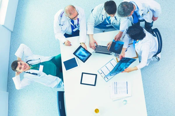 Medical Team Sitting Discussing Table Top View — Stock Photo, Image