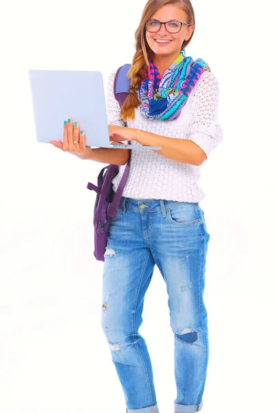 Lachende Tiener Met Laptop Witte Achtergrond Student Rechtenvrije Stockfoto's