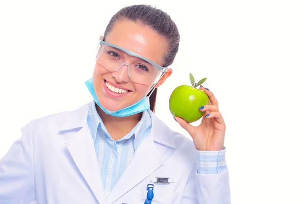 Dentist Medical Doctor Woman Hold Green Fresh Apple Hand Tooth — Stock Photo, Image
