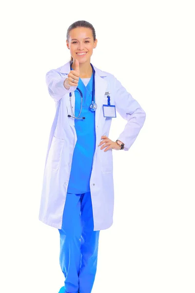 Mulher Bonita Casaco Branco Posando Com Mão Bolso Mulher Médica — Fotografia de Stock