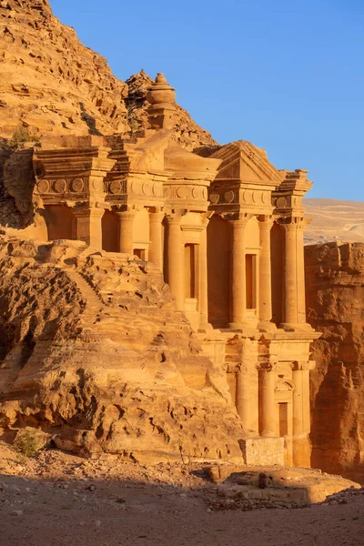 Deir Kloster Den Antika Staden Petra Jordanien Solnedgång Panoramautsikt Unesco — Stockfoto