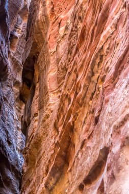 Siq, Petra, Ürdün, UNESCO Dünya Mirası Bölgesi 'ndeki dar kırmızı kanyon dokusu arka planı