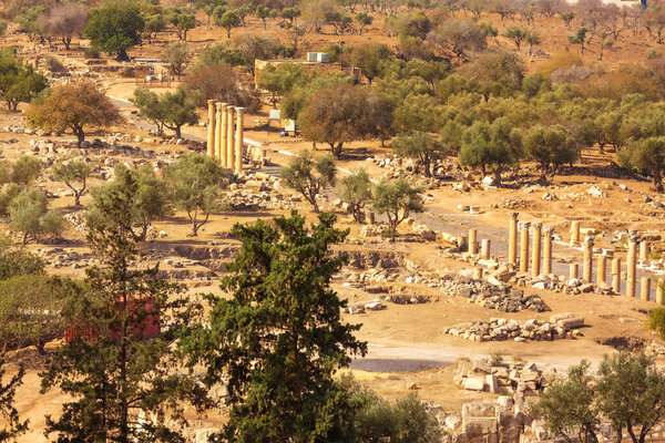 Aerial view of Roman road of Umm Qais ancient city ruins, Jordan.