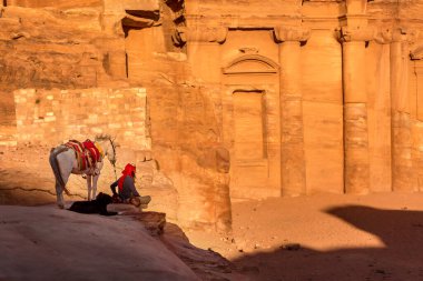 Petra, Ürdün - 3 Kasım 2022: Bedevi insan köpek ve eşeği ve antik kentteki Ad Deir Manastırı 'na bakış, günbatımı panoramik manzara, UNESCO Dünya Mirası