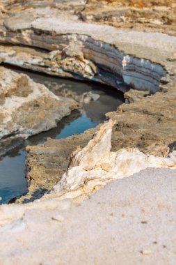 Close-up of Dead Sea salt mineral natural formation crystal layers in Jordan