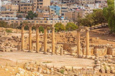 Jerash Gerasa, Jordan, ancient roman columns and ruins high angle view