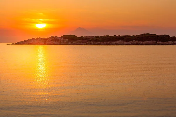 Mount Athos Greece Sunset Bright Sunrise Early Summer Morning Orange — Stockfoto