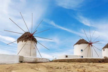 Mikonos, Yunanistan, Kiklad ünlü adada Yunan ikonik yel değirmeni yakın plan