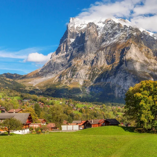 Grindelwald Ελβετία Αεροφωτογραφία Χωριού Και Φθινόπωρο Ελβετικές Άλπεις Βουνά Πανόραμα — Φωτογραφία Αρχείου