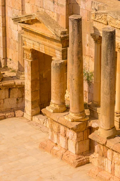 Jerash Jordânia Close Detalhes Anfiteatro Romano South Theatre Cidade Antiga — Fotografia de Stock