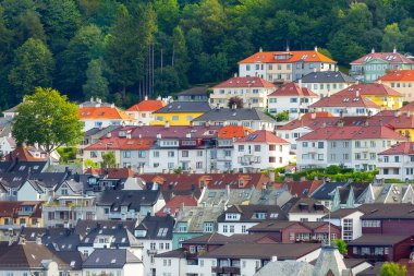 Bergen, Hordaland, Norveç tepelerdeki ahşap evler, yaz manzarası