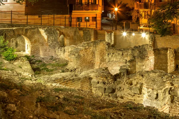 Stock image Nesebar, Bulgaria Remains of Early Byzantine Therms baths in historic city, night view