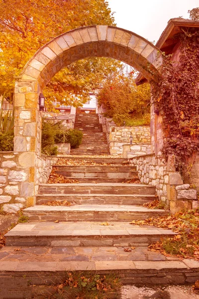 Stone Arch Street View Portaria Village Pelion Thessaly Greece — Stock Photo, Image