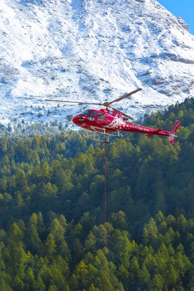 ツェルマット スイス 2019年10月7日 ツェルマット航空赤ヘリコプターと松の木 ストックフォト