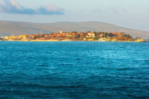 Panorama Atardecer Una Ciudad Vieja Nessebar Bulgaria Desde Mar — Foto de Stock