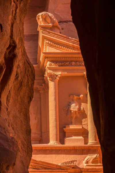 Petra Jordan Frame View Siq Walls Treasury Khazneh 世界七大奇迹之一 — 图库照片