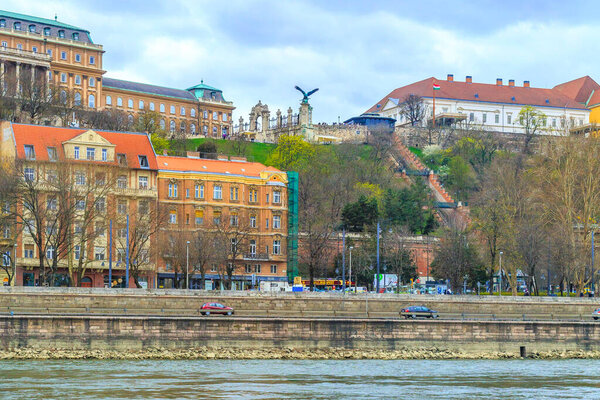 Budapest, Hungary panorama with Buda Castle, Eagle statue and palace, view from Danube river