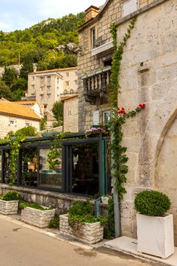 Perast, Karadağ 'ın eski kent ve kafe manzarası yazın