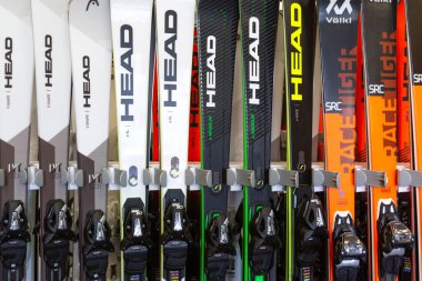 Bansko, Bulgaria - December 21, 2021: Ski equipment for sale and rent in the ski center