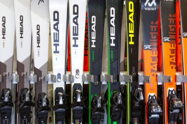 Bansko, Bulgaria - December 21, 2021: Ski equipment for sale and rent in the ski center clipart