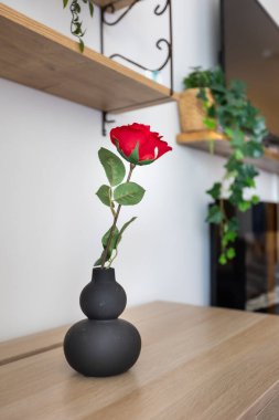 Ahşap masadaki siyah vazoda kırmızı gül çiçeği, iç dekorasyon odası ayrıntıları.