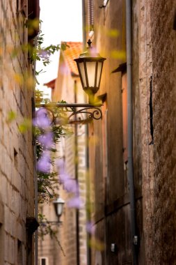 Perast, Karadağ sokak lambası ve çiçeklerle eski kentin dar sokak manzarası, seyahat turizmi arka planı