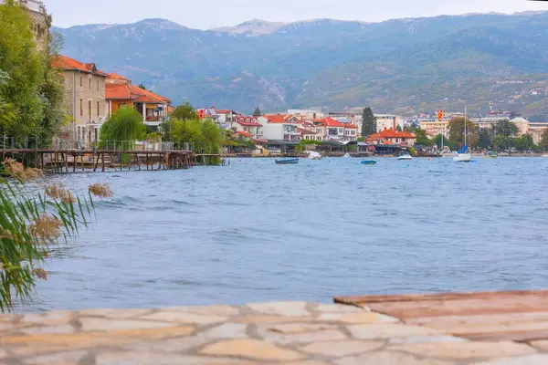 Lago Ohrid Vista Panorâmica Cidade Macedônia Norte Fotografia De Stock