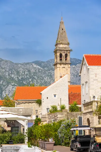 Perast Montenegro City View Street Houses Church Tower — Stock Photo, Image