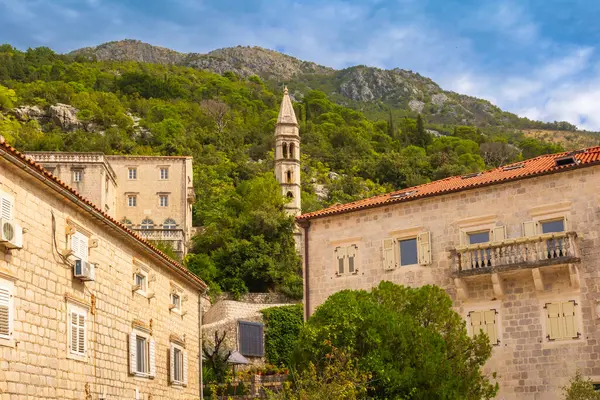 Perast Montenegro Bell Tower Church Old Houses — Stock Photo, Image