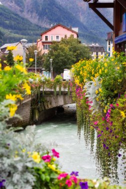 Chamonix Mont-Blanc, Fransa 'nın en renkli çiçekleri ve Haute Savoy eyaletindeki ünlü tatil beldesinin merkezindeki evleri.