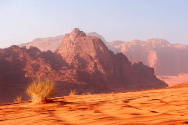 Ürdün, Wadi Rom kırmızı kum tepesi ve güzel kayalar manzarası