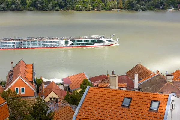 stock image Belgrade, Serbia Cruise ship, boat tour on the Danube river, high angle view