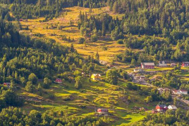 Norveç 'in günbatımı köy pankartı, yeşil orman dağları ve renkli evler, Norveç