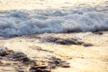 Dalgalar altın sıçraması ve kumlu sahil, güneş yansıması, günbatımı deniz yolculuğu yaz arkaplanı.