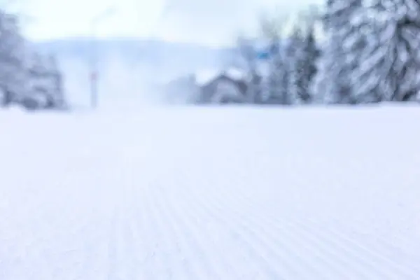 stock image Bansko, Bulgaria bulgarian defocused background of winter ski resort with close-up slope, gondola lift cabins after snowfall