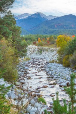 Bansko, Bulgaristan Glazne nehri, renkli ağaçlar, günbatımı Pirin dağları ile sonbahar manzarası