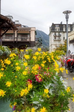 Chamonix Mont-Blanc, France colorful flowers and Dr Gabriel Paccard statue, French Alps clipart