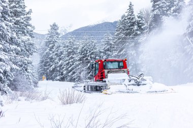Bansko, Bulgaristan kayak merkezi, kar temizleme pisti makinesi Alp disiplini kayak pistine hazırlanıyor