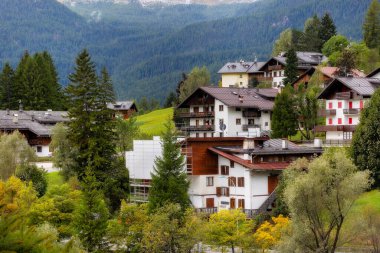 Güzel yaz sonbahar manzarası Cortina dAmpezzo, İtalya Alp evleri ve yeşil çimenler