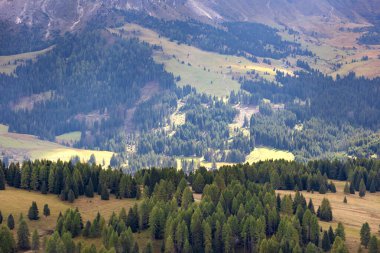 Alpe di Siusi, İtalya hava manzaralı ve sonbaharda Güney Tyrol 'daki Seiser Alm, Dolomite platosunda ahşap kulübeler.