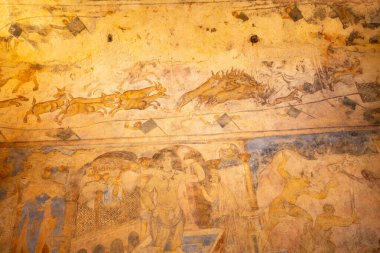 Kureyr Amra veya Kureyir Amra, Ürdün - 6 Kasım 2022: Çöldeki kalelerden biri olan Qasr Amra 'nın Freskleri